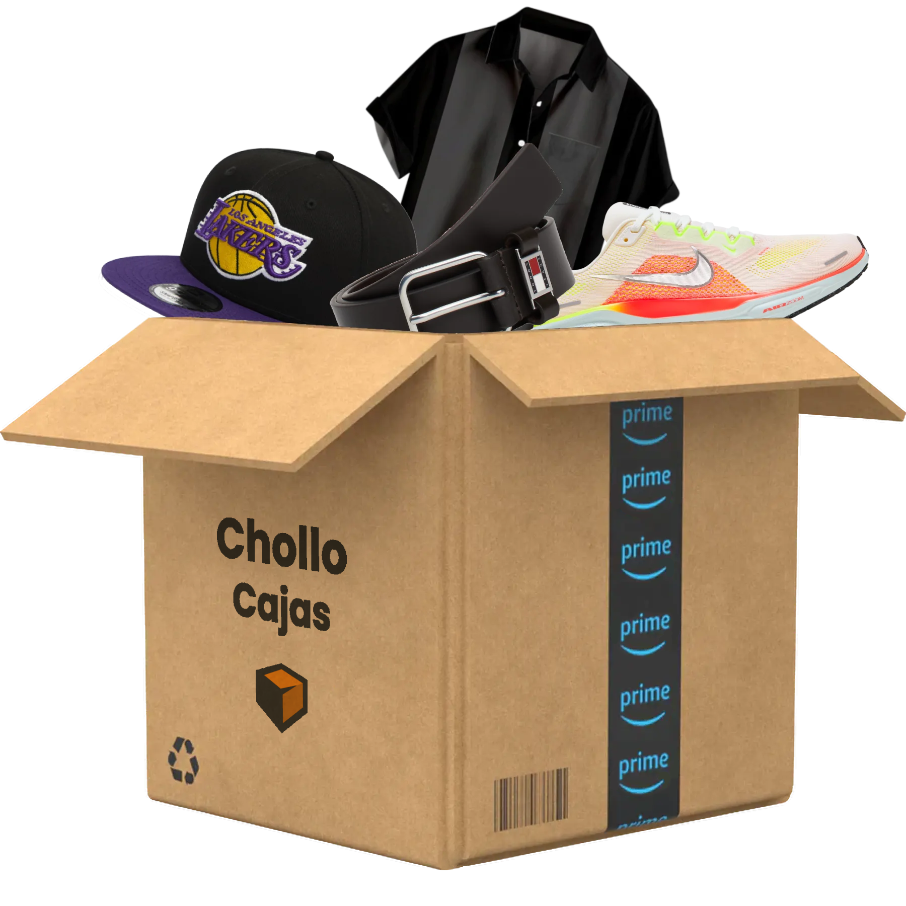 Caja-de-carton-de-amazon-prime-con-ropa-un-sombrero-un-zapato-y-un-cinturon-sobresaliendo
