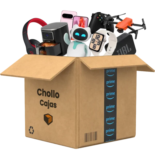 Una-Caja-de-carton-con-diversos-aparatos-electronicos-y-gadgets-derramandose-etiquetada-como-Chollo-Cajas-y-Amazon-Prime